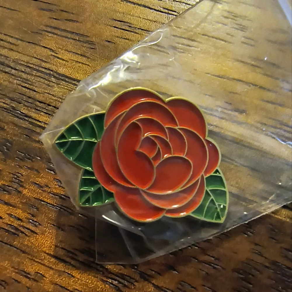 Red rose green leaves flower enamel pin backpack hat clothes bag cap denim